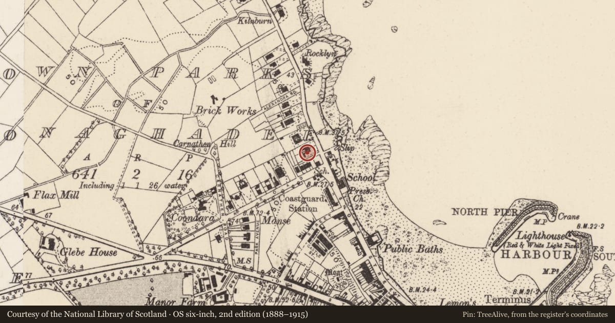 Ordnance Survey six-inch map, 2nd edition (1888–1915) covering the location of 20-22 Warren Road, Town parks of Donaghadee, Ards and North Down, with a pin at the register's coordinates
