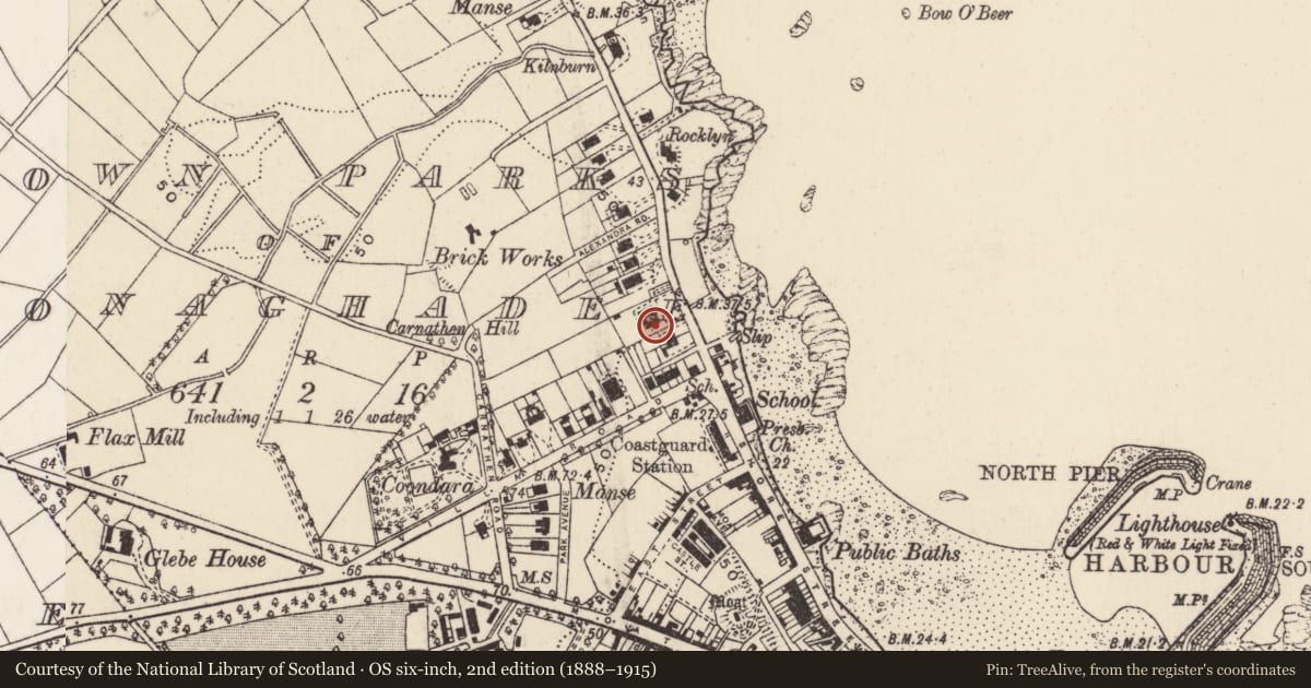 Ordnance Survey six-inch map, 2nd edition (1888–1915) covering the location of 24 Warren Road, Town parks of Donaghadee, Ards and North Down, with a pin at the register's coordinates