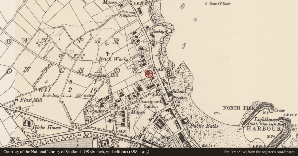 Ordnance Survey six-inch map, 2nd edition (1888–1915) covering the location of 26 Warren Road, Town parks of Donaghadee, Ards and North Down, with a pin at the register's coordinates