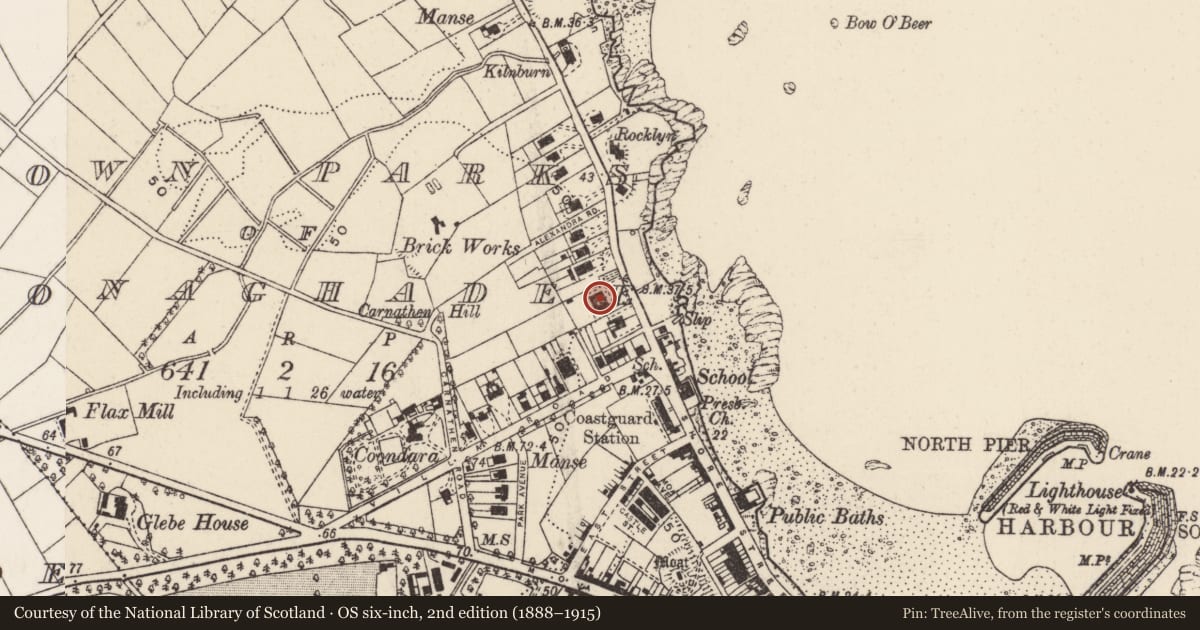 Ordnance Survey six-inch map, 2nd edition (1888–1915) covering the location of 30 Warren Road, Town parks of Donaghadee, Ards and North Down, with a pin at the register's coordinates