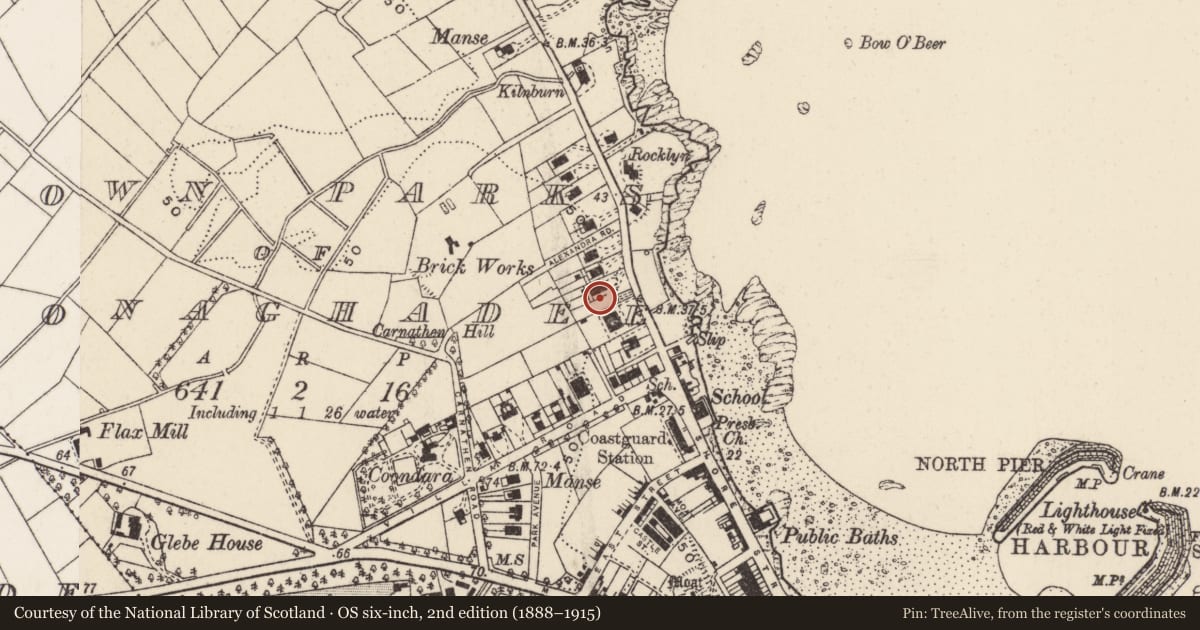 Ordnance Survey six-inch map, 2nd edition (1888–1915) covering the location of 32-34 Warren Road, Town parks of Donaghadee, Ards and North Down, with a pin at the register's coordinates