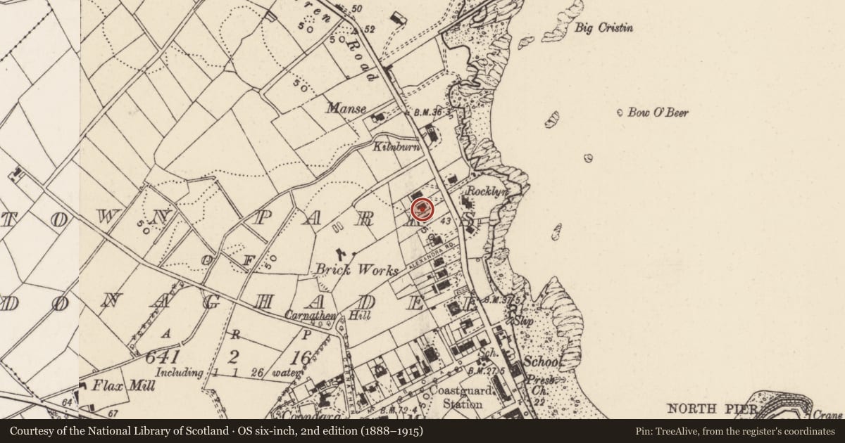 Ordnance Survey six-inch map, 2nd edition (1888–1915) covering the location of 'Wyncroft', Town parks of Donaghadee, Ards and North Down, with a pin at the register's coordinates