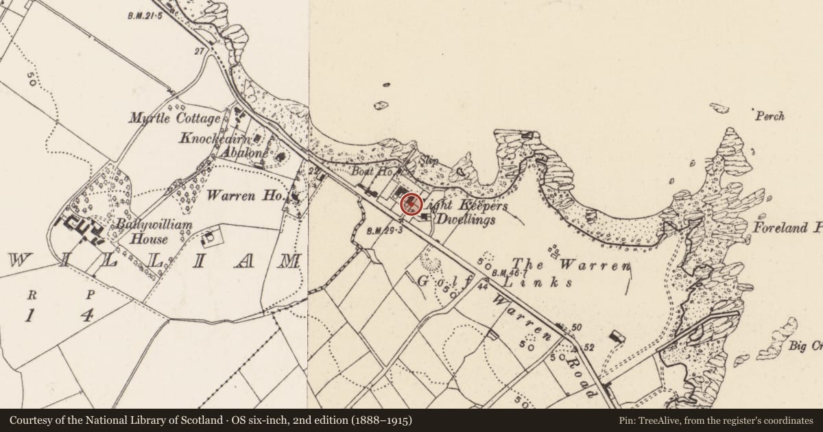Ordnance Survey six-inch map, 2nd edition (1888–1915) covering the location of 53 Warren Road (former light house keepers' dwellings), Town parks of Donaghadee, Ards and North Down, with a pin at the register's coordinates