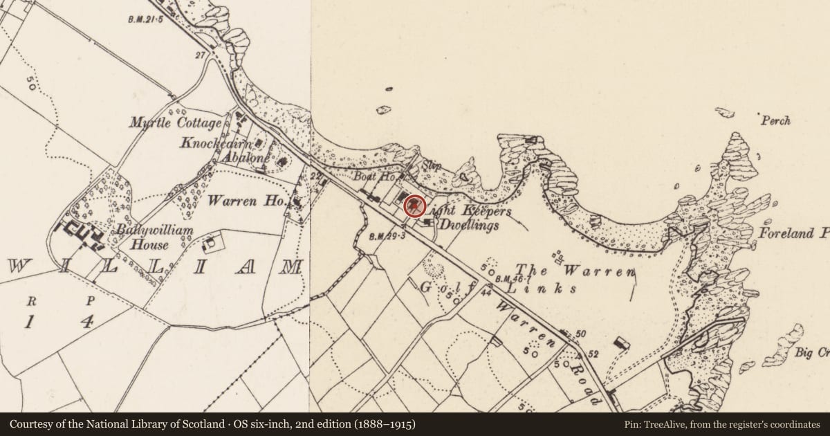 Ordnance Survey six-inch map, 2nd edition (1888–1915) covering the location of 55 Warren Road (former light house keepers' dwellings), Town parks of Donaghadee, Ards and North Down, with a pin at the register's coordinates