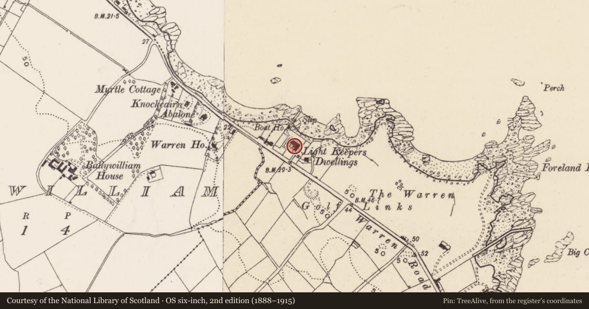 Ordnance Survey six-inch map, 2nd edition (1888–1915) covering the location of 57 Warren Road (former light house keepers' dwellings), Town parks of Donaghadee, Ards and North Down, with a pin at the register's coordinates