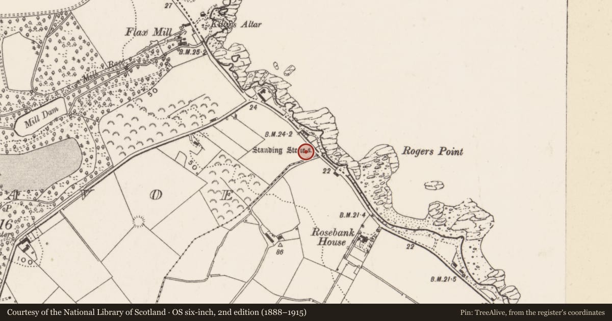 Ordnance Survey six-inch map, 2nd edition (1888–1915) covering the location of Standing stone at Kilcoroon House, Portavoe, Ards and North Down, with a pin at the register's coordinates