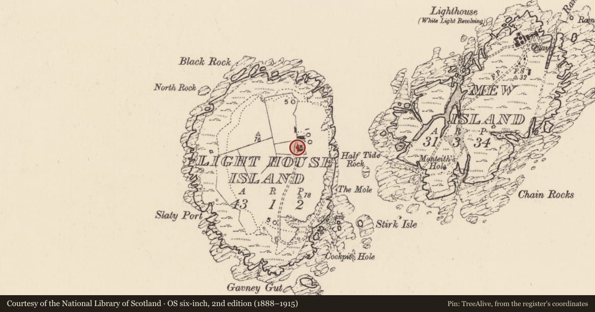 Ordnance Survey six-inch map, 2nd edition (1888–1915) covering the location of Former light house buildings, Light House Island, with a pin at the register's coordinates
