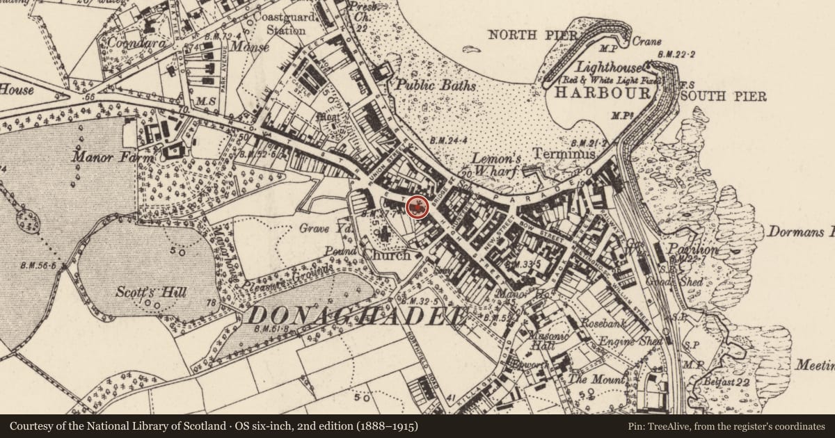 Ordnance Survey six-inch map, 2nd edition (1888–1915) covering the location of Methodist Church, Town Parks of Donaghadee, Ards and North Down, with a pin at the register's coordinates