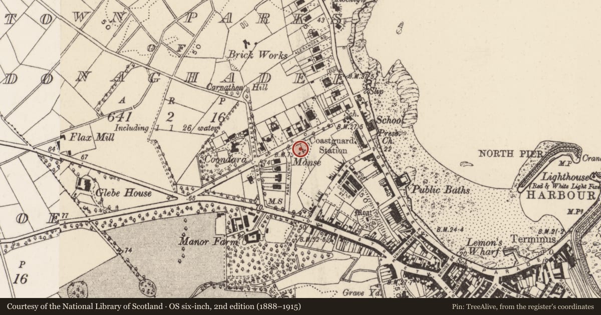 Ordnance Survey six-inch map, 2nd edition (1888–1915) covering the location of 12 New Road, Town parks of Donaghadee, Ards and North Down, with a pin at the register's coordinates
