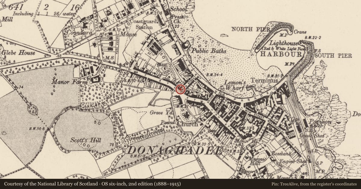 Ordnance Survey six-inch map, 2nd edition (1888–1915) covering the location of Orange Hall, Town Parks of Donaghadee, Ards and North Down, with a pin at the register's coordinates