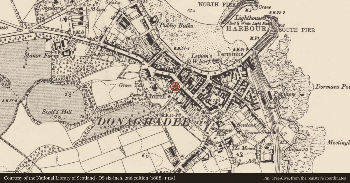 Ordnance Survey six-inch map, 2nd edition (1888–1915) covering the location of Former RC Church, Donaghadee, Ards and North Down, with a pin at the register's coordinates