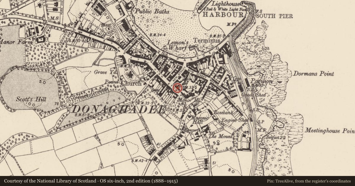 Ordnance Survey six-inch map, 2nd edition (1888–1915) covering the location of 36 High Street, Donaghadee, Ards and North Down, with a pin at the register's coordinates