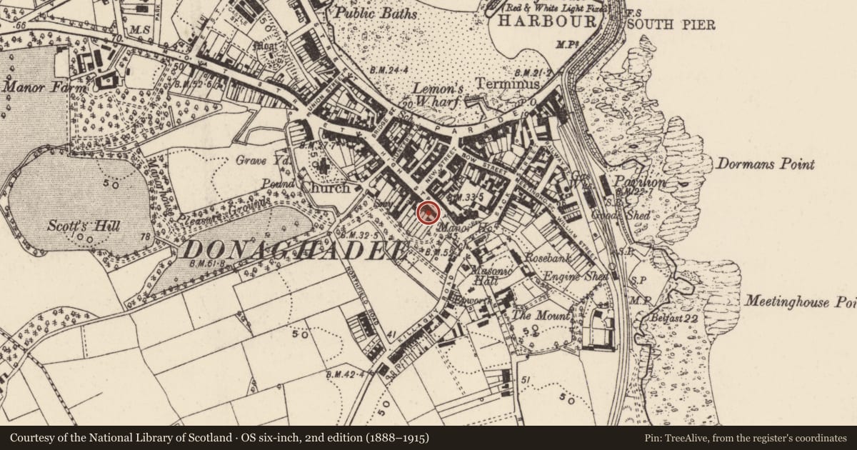 Ordnance Survey six-inch map, 2nd edition (1888–1915) covering the location of 57 High Street, Donaghadee, Ards and North Down, with a pin at the register's coordinates