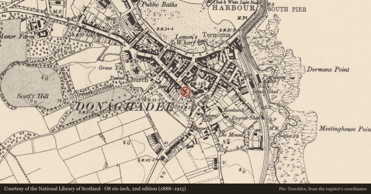 Ordnance Survey six-inch map, 2nd edition (1888–1915) covering the location of 59 High Street, Donaghadee, Ards and North Down, with a pin at the register's coordinates