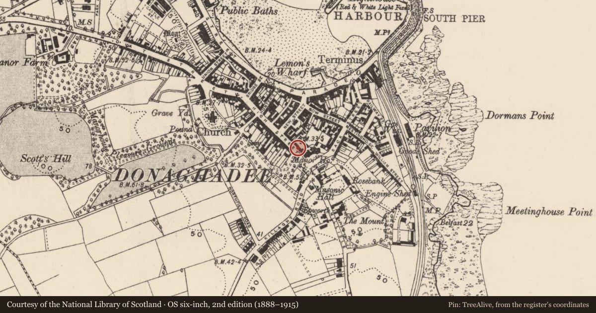 Ordnance Survey six-inch map, 2nd edition (1888–1915) covering the location of Manor House NW extension, Manor House, High Street, Donaghadee, Co Down, Ards and North Down, with a pin at the register's coordinates
