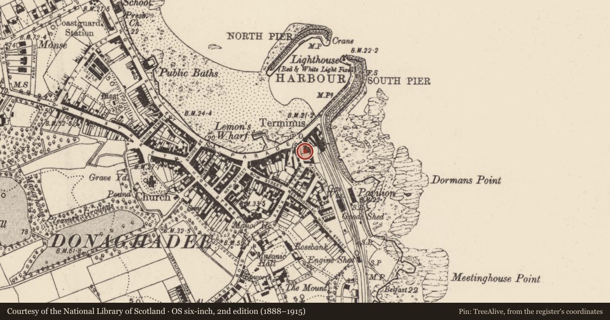Ordnance Survey six-inch map, 2nd edition (1888–1915) covering the location of ’Drift Inn’ Bar, Donaghadee, Ards and North Down, with a pin at the register's coordinates