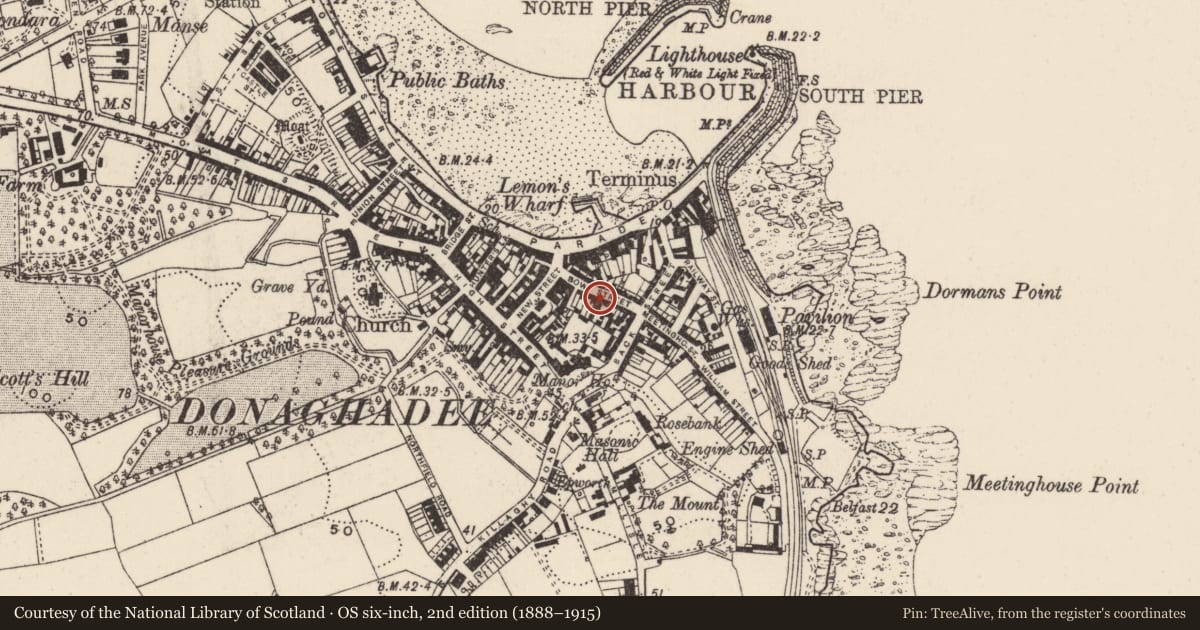 Ordnance Survey six-inch map, 2nd edition (1888–1915) covering the location of 15 Bow Street, Donaghadee, Ards and North Down, with a pin at the register's coordinates