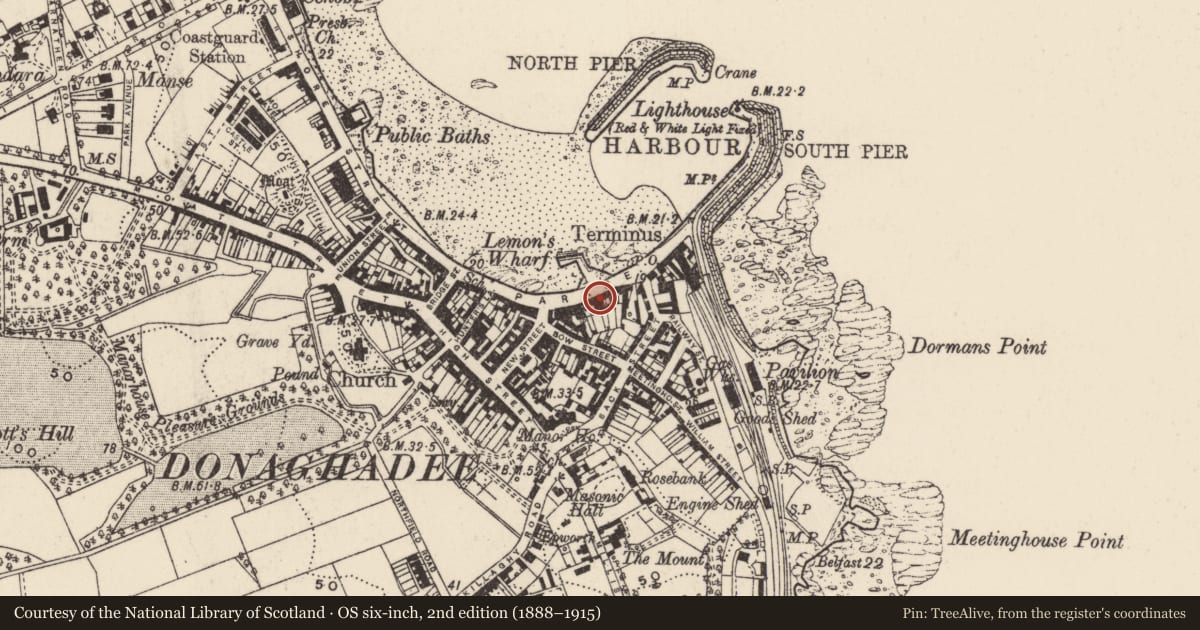 Ordnance Survey six-inch map, 2nd edition (1888–1915) covering the location of 25 The Parade, Donaghadee, Ards and North Down, with a pin at the register's coordinates