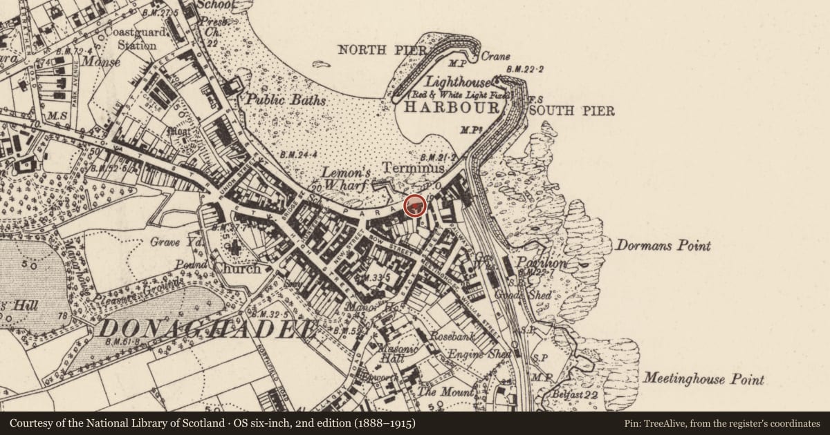 Ordnance Survey six-inch map, 2nd edition (1888–1915) covering the location of 28 The Parade, Donaghadee, Ards and North Down, with a pin at the register's coordinates