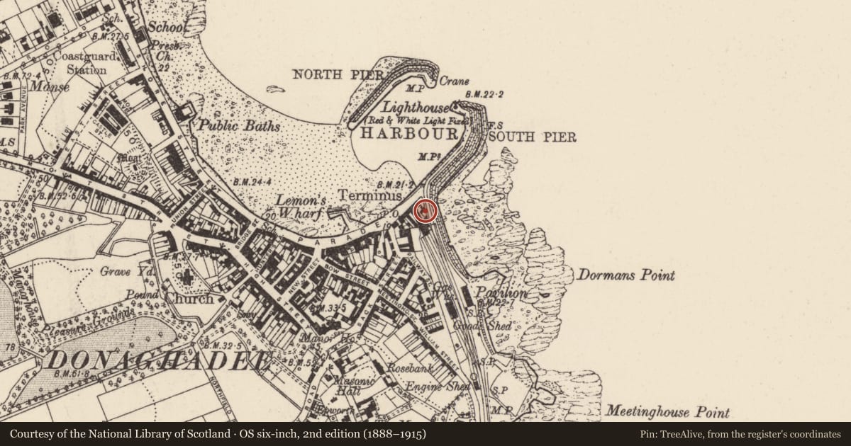 Ordnance Survey six-inch map, 2nd edition (1888–1915) covering the location of Harbour House, Donaghadee, Ards and North Down, with a pin at the register's coordinates