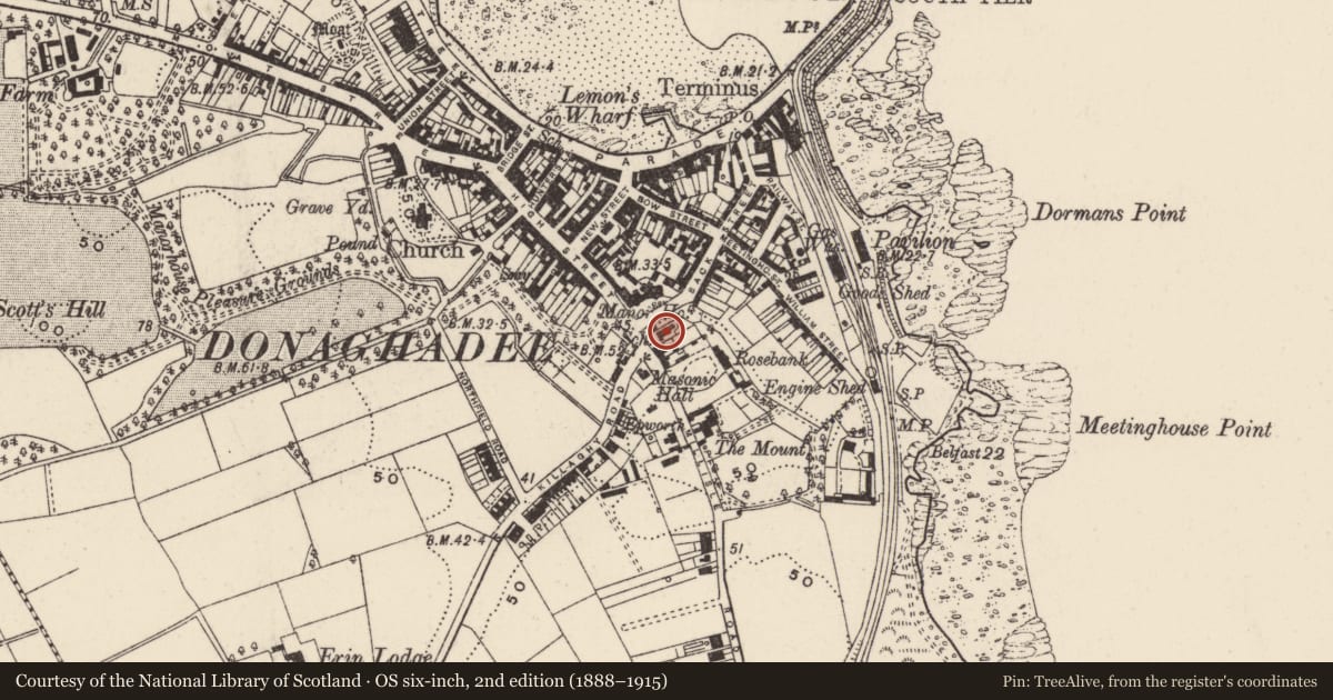 Ordnance Survey six-inch map, 2nd edition (1888–1915) covering the location of Former Admiral Leslie Hall, Donaghadee, Ards and North Down, with a pin at the register's coordinates