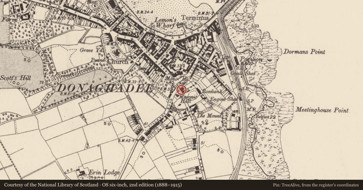Ordnance Survey six-inch map, 2nd edition (1888–1915) covering the location of Prospect House, Donaghadee, Ards and North Down, with a pin at the register's coordinates