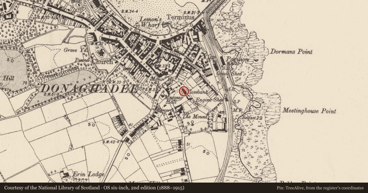 Ordnance Survey six-inch map, 2nd edition (1888–1915) covering the location of Rosebank, Donaghadee, Ards and North Down, with a pin at the register's coordinates