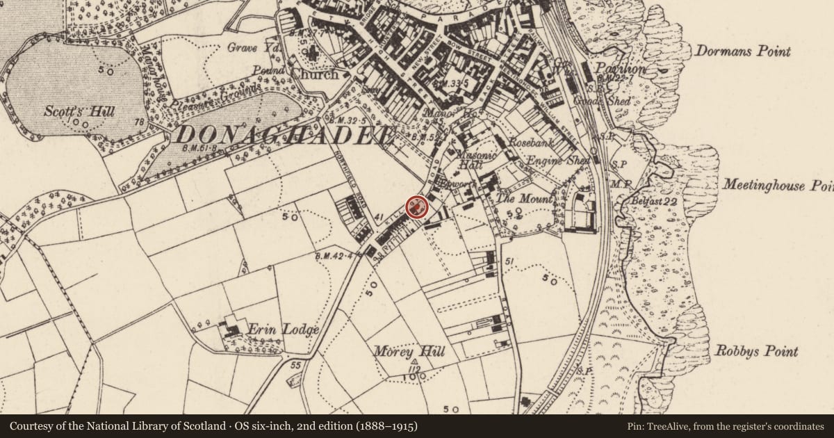 Ordnance Survey six-inch map, 2nd edition (1888–1915) covering the location of 24 Killaughey Road, Donaghadee, Ards and North Down, with a pin at the register's coordinates