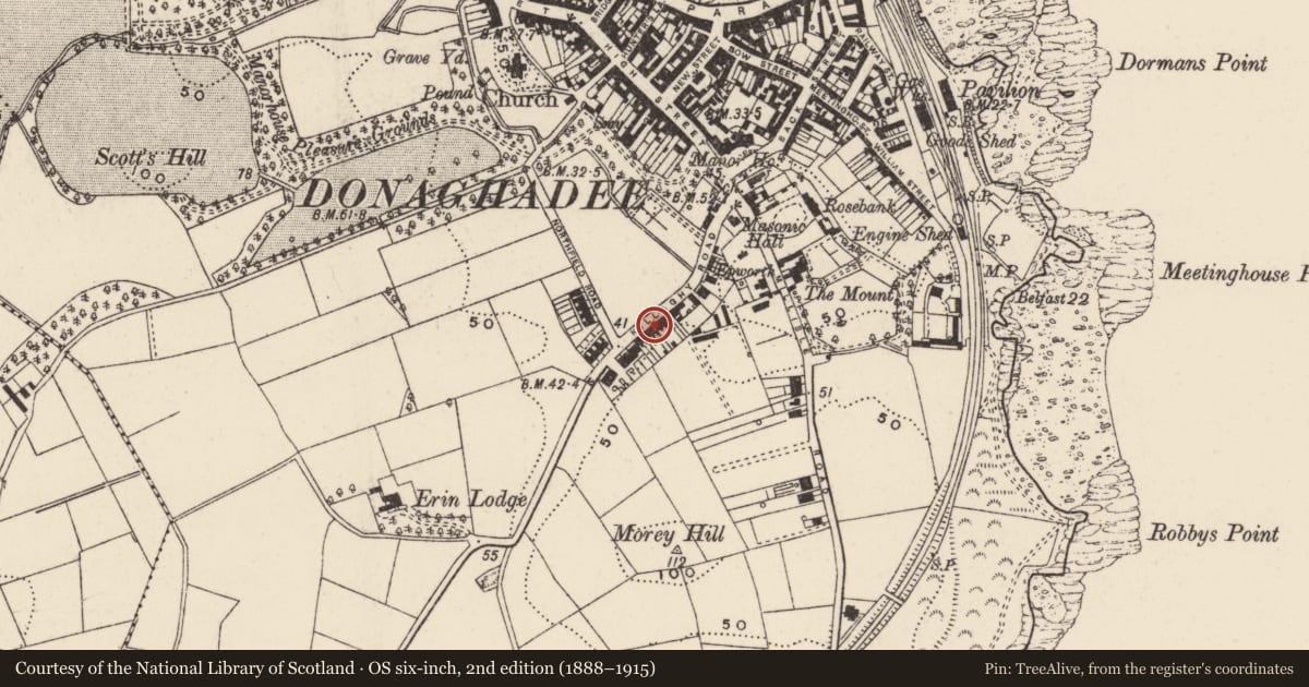 Ordnance Survey six-inch map, 2nd edition (1888–1915) covering the location of 36-42 Killaughey Road, Donaghadee, Ards and North Down, with a pin at the register's coordinates