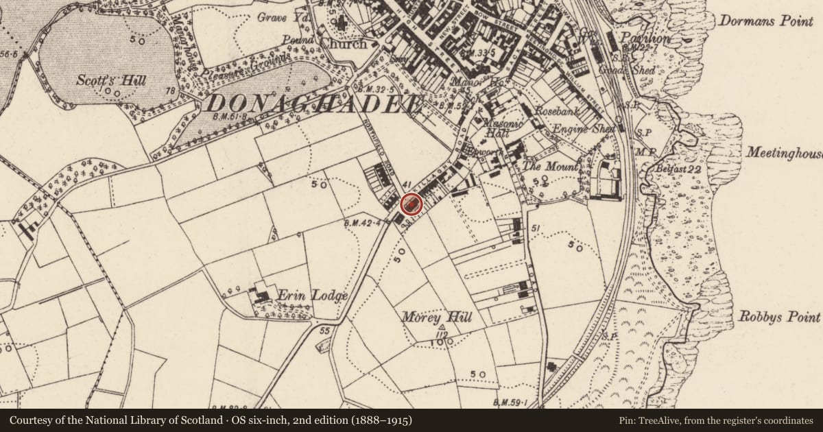 Ordnance Survey six-inch map, 2nd edition (1888–1915) covering the location of 48-58 Killaughey Road, Donaghadee, Ards and North Down, with a pin at the register's coordinates