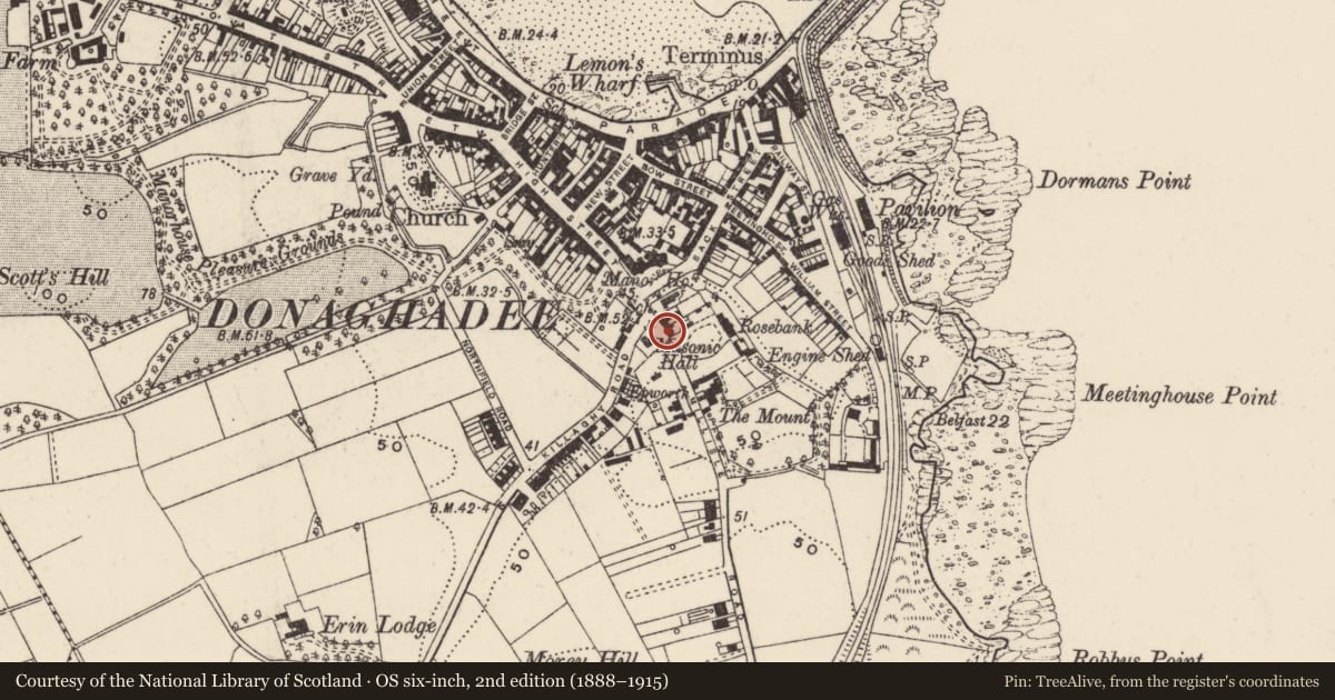 Ordnance Survey six-inch map, 2nd edition (1888–1915) covering the location of 6 Millisle Road, Donaghadee, Ards and North Down, with a pin at the register's coordinates