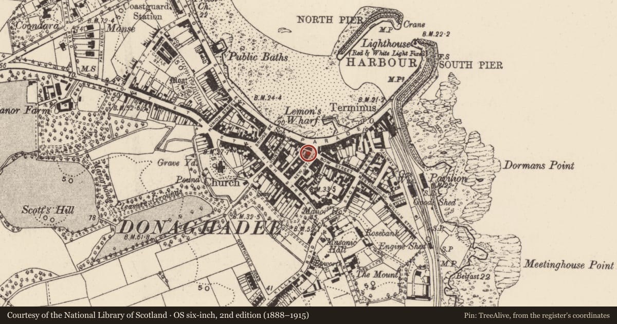Ordnance Survey six-inch map, 2nd edition (1888–1915) covering the location of Ulster Bank, Donaghadee, Ards and North Down, with a pin at the register's coordinates