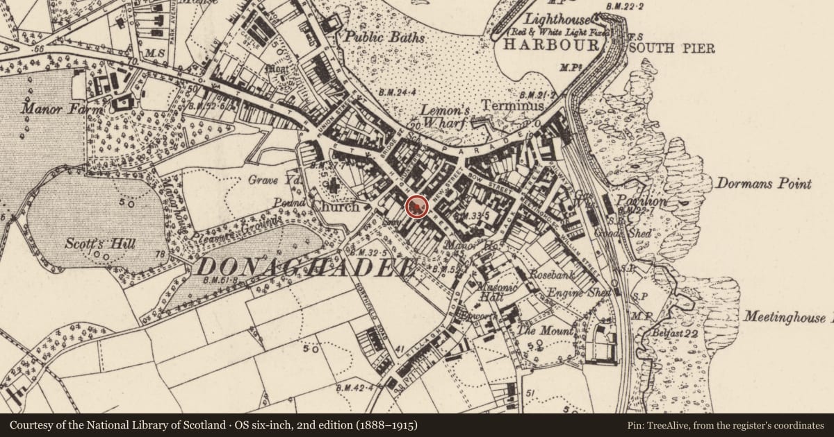 Ordnance Survey six-inch map, 2nd edition (1888–1915) covering the location of ‘Grace Neill’s Bar’, Donaghadee, Ards and North Down, with a pin at the register's coordinates