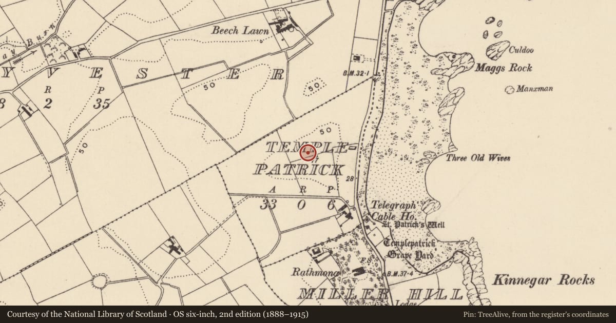 Ordnance Survey six-inch map, 2nd edition (1888–1915) covering the location of WWII Observation post, Templepatrick, Ards and North Down, with a pin at the register's coordinates