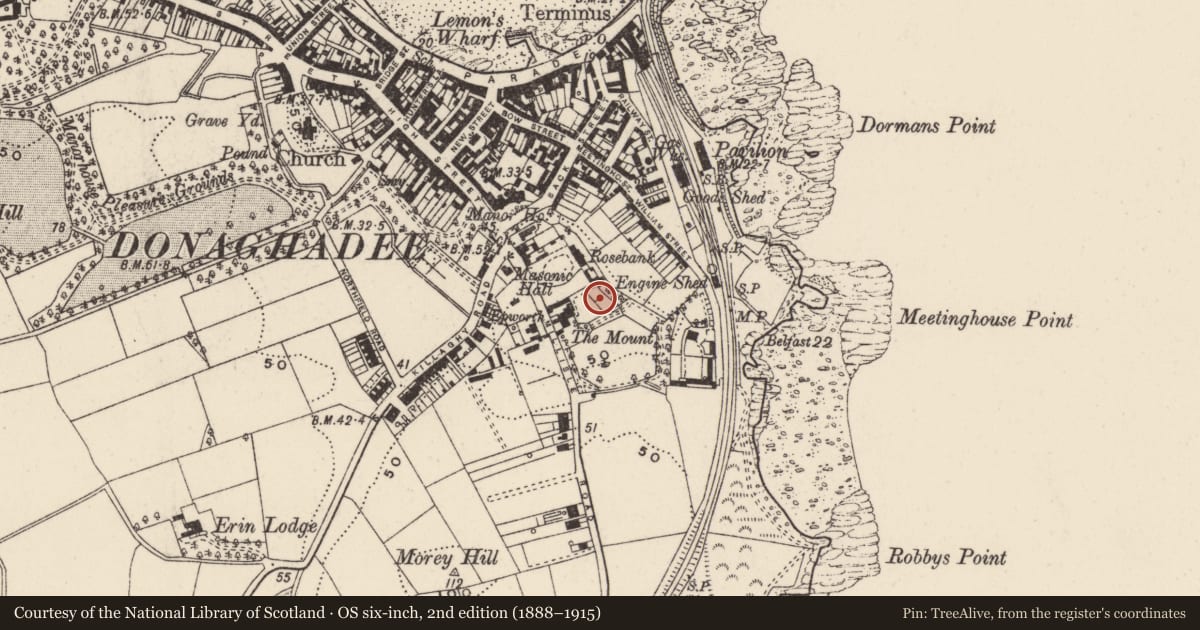 Ordnance Survey six-inch map, 2nd edition (1888–1915) covering the location of Mount Royal House, Donaghadee, Ards and North Down, with a pin at the register's coordinates