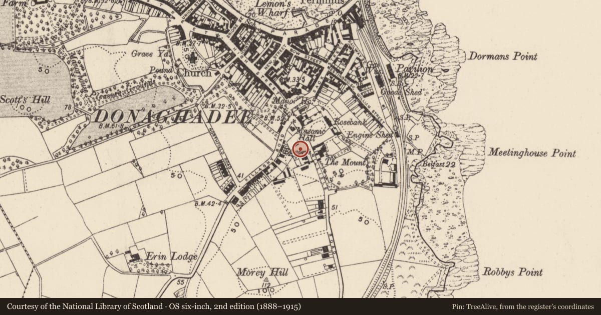 Ordnance Survey six-inch map, 2nd edition (1888–1915) covering the location of 5 Millisle Road, Town Parks Donaghadee, Ards and North Down, with a pin at the register's coordinates