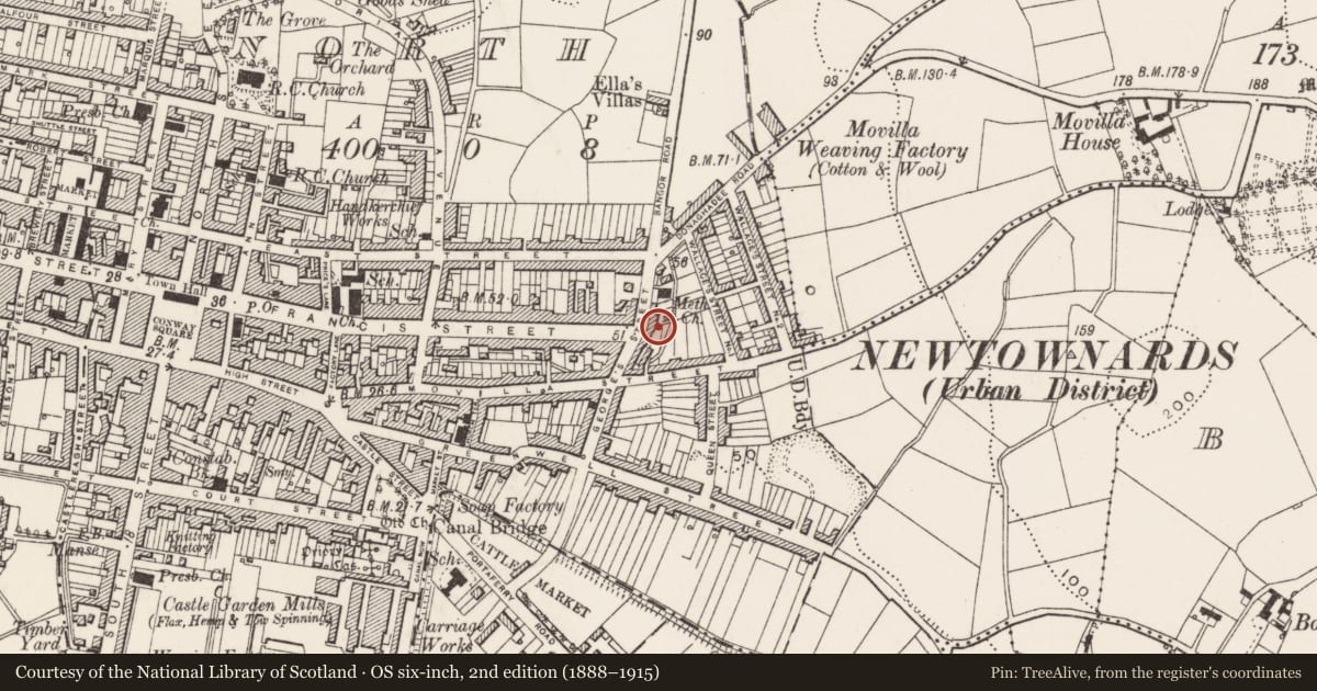 Ordnance Survey six-inch map, 2nd edition (1888–1915) covering the location of 2-10 Zion Place, Newtownards, Ards and North Down, with a pin at the register's coordinates