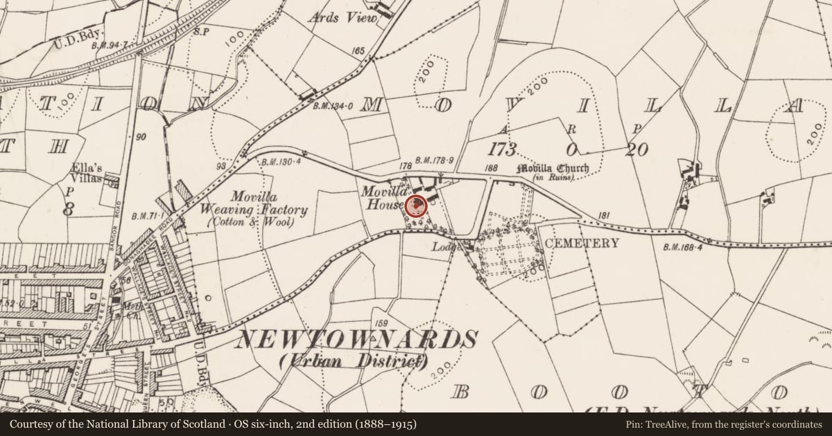 Ordnance Survey six-inch map, 2nd edition (1888–1915) covering the location of Movilla House, Ards and North Down, with a pin at the register's coordinates