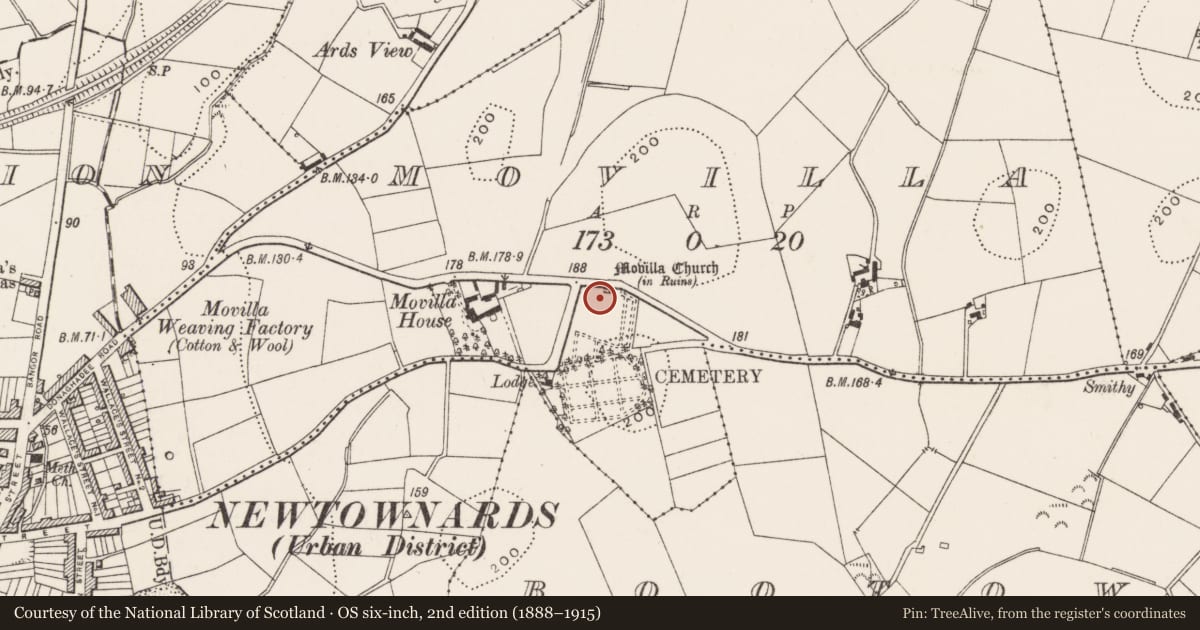 Ordnance Survey six-inch map, 2nd edition (1888–1915) covering the location of Movilla Abbey, Ards and North Down, with a pin at the register's coordinates