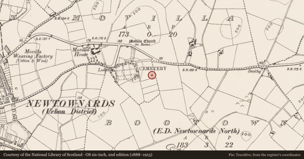 Ordnance Survey six-inch map, 2nd edition (1888–1915) covering the location of Movilla Cemetery, Ards and North Down, with a pin at the register's coordinates