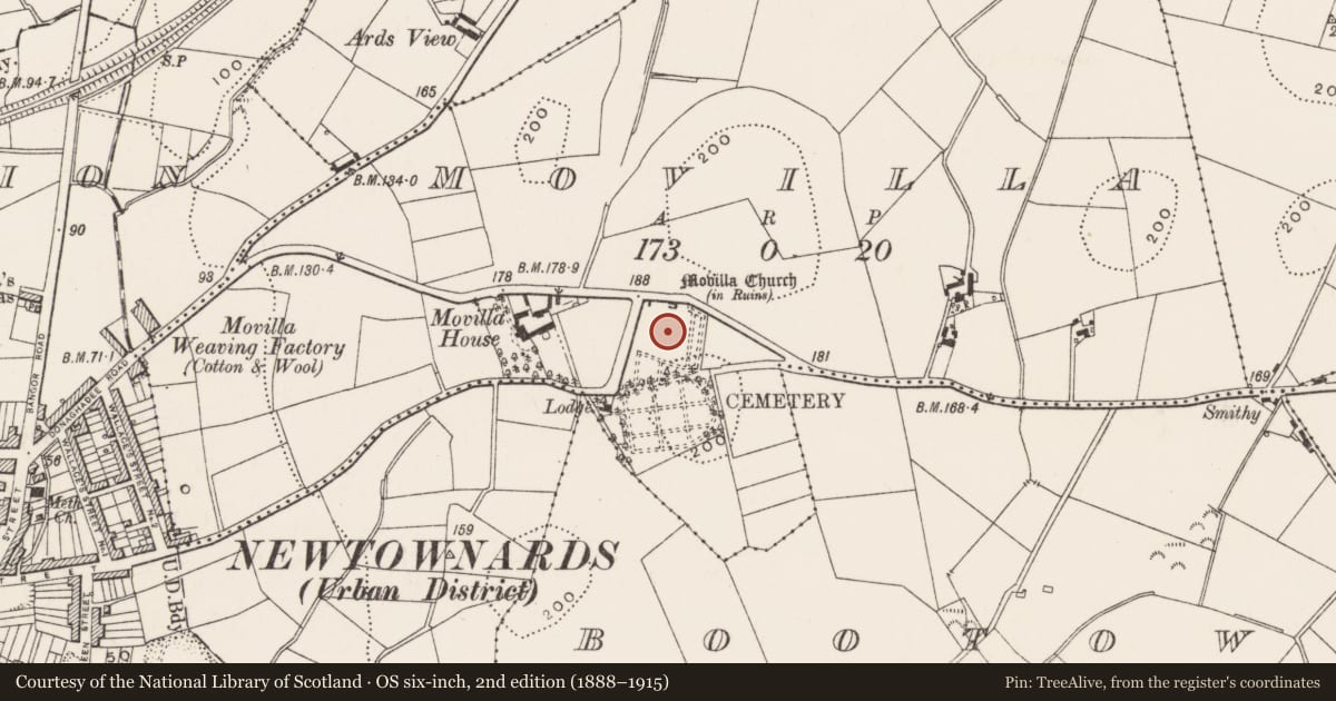 Ordnance Survey six-inch map, 2nd edition (1888–1915) covering the location of Corry burial vault, Movilla, Ards and North Down, with a pin at the register's coordinates