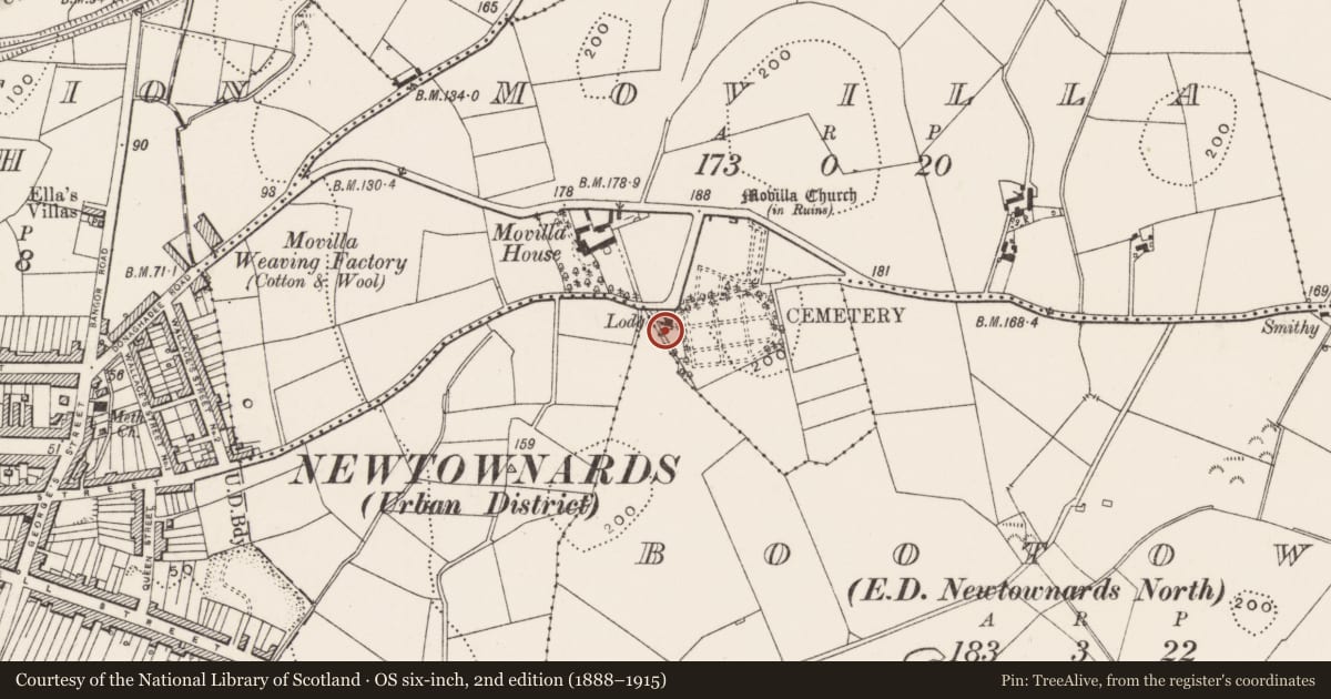 Ordnance Survey six-inch map, 2nd edition (1888–1915) covering the location of Movilla Cemetery Lodge, Ards and North Down, with a pin at the register's coordinates