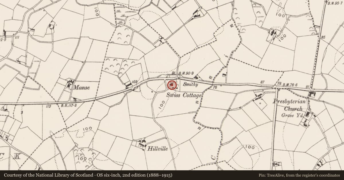 Ordnance Survey six-inch map, 2nd edition (1888–1915) covering the location of ’Swiss Cottage’, Ballyhaff, Ards and North Down, with a pin at the register's coordinates
