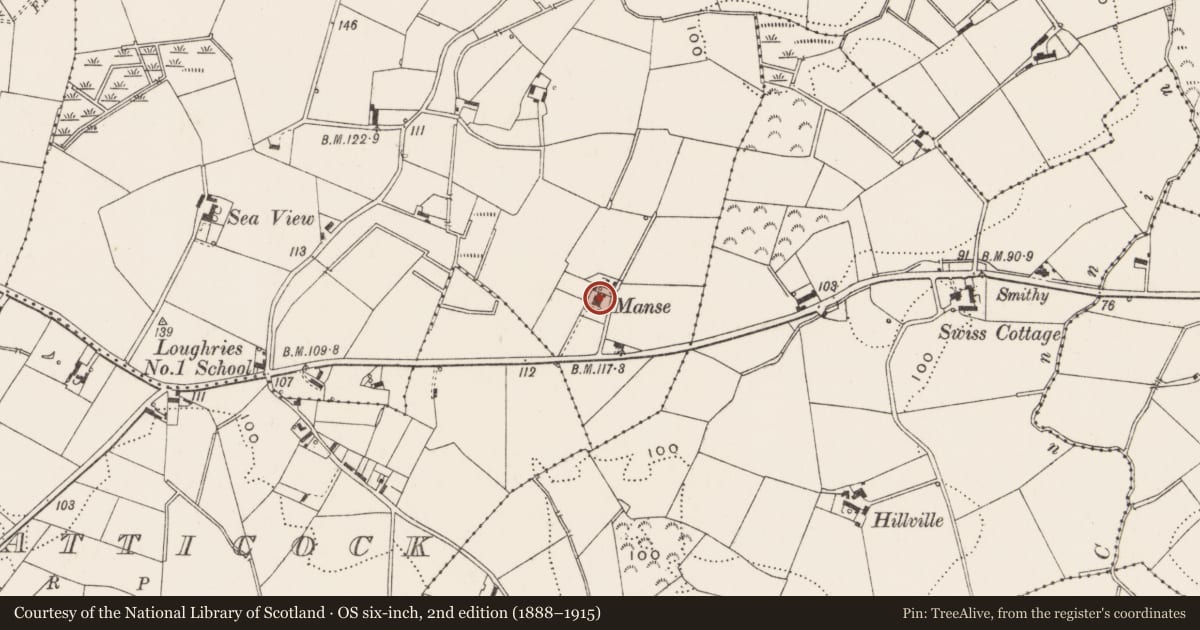 Ordnance Survey six-inch map, 2nd edition (1888–1915) covering the location of Ballyblack Lodge, Ballyhaft, Ards and North Down, with a pin at the register's coordinates