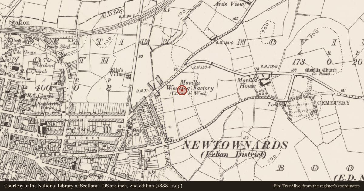 Ordnance Survey six-inch map, 2nd edition (1888–1915) covering the location of Movilla High School, Ards and North Down, with a pin at the register's coordinates