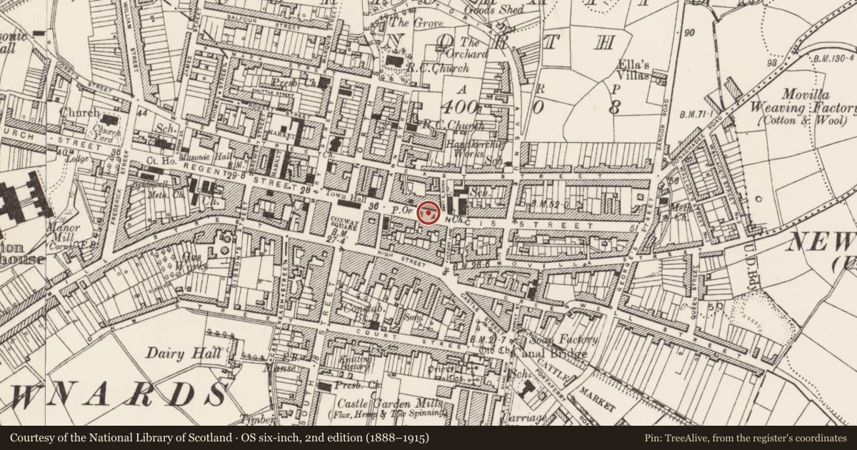 Ordnance Survey six-inch map, 2nd edition (1888–1915) covering the location of 44-46 Frances Street, Newtownards, Ards and North Down, with a pin at the register's coordinates