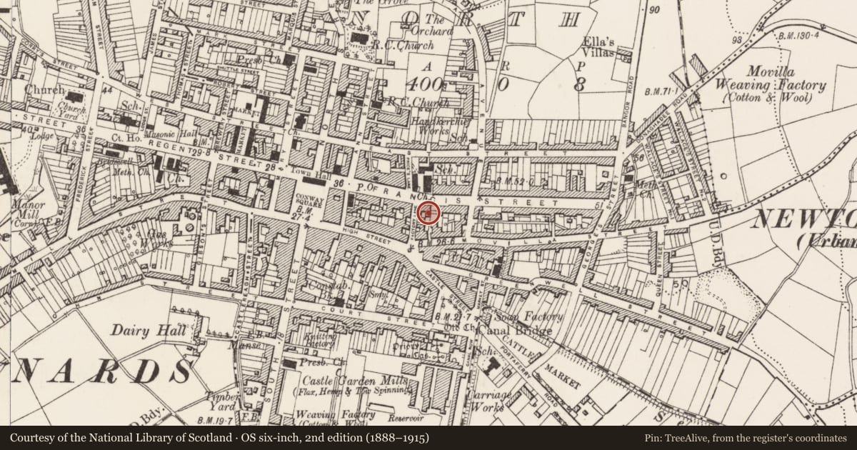 Ordnance Survey six-inch map, 2nd edition (1888–1915) covering the location of 43-45 Frances Street, Newtownards, Ards and North Down, with a pin at the register's coordinates
