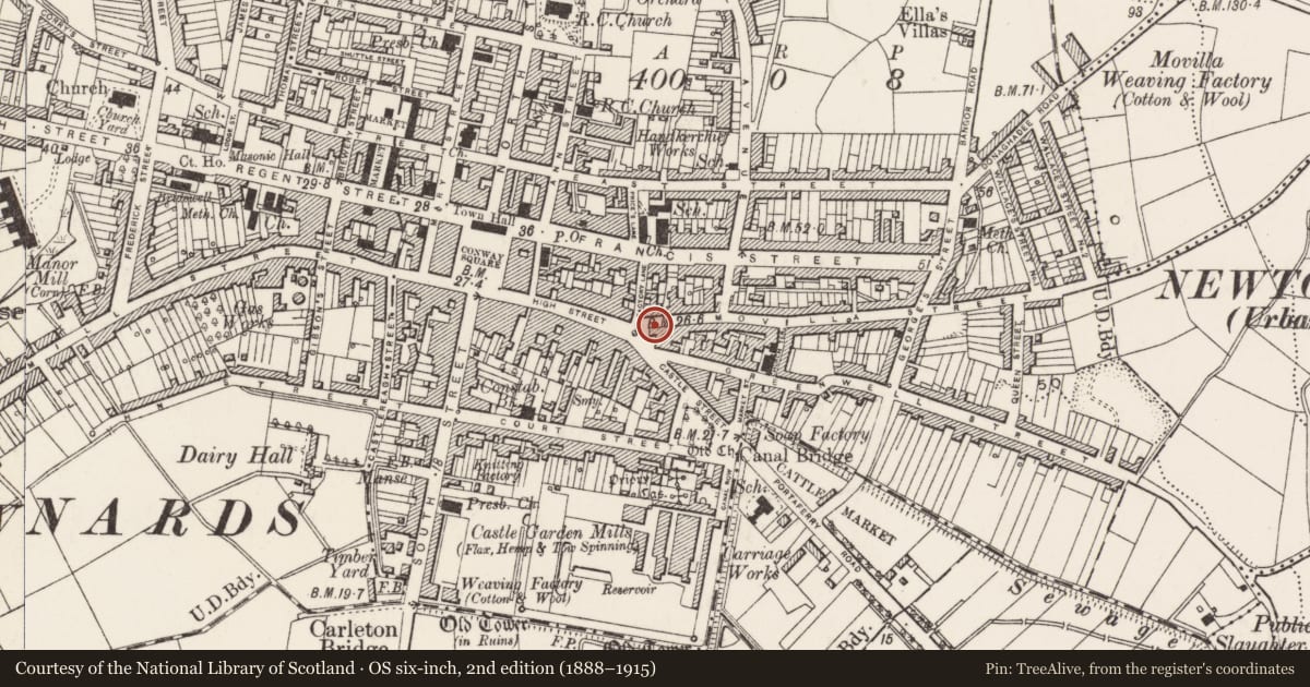 Ordnance Survey six-inch map, 2nd edition (1888–1915) covering the location of 4-6 Movilla Street, Newtownards, Ards and North Down, with a pin at the register's coordinates