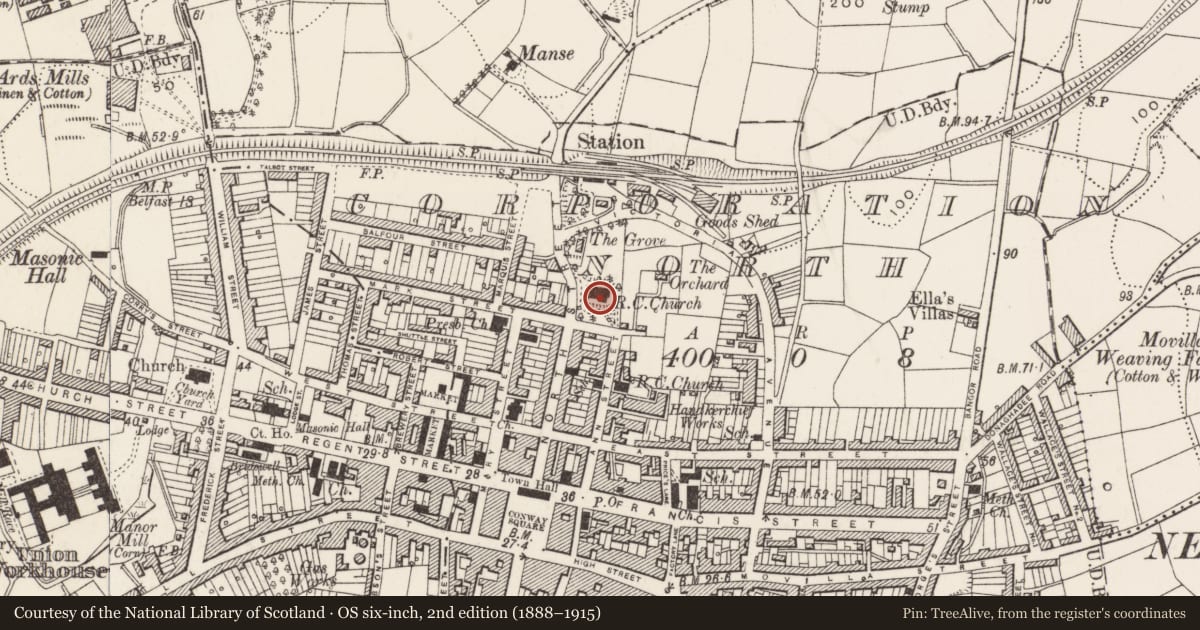 Ordnance Survey six-inch map, 2nd edition (1888–1915) covering the location of St. Patrick’s RC Church, Newtownards, Ards and North Down, with a pin at the register's coordinates