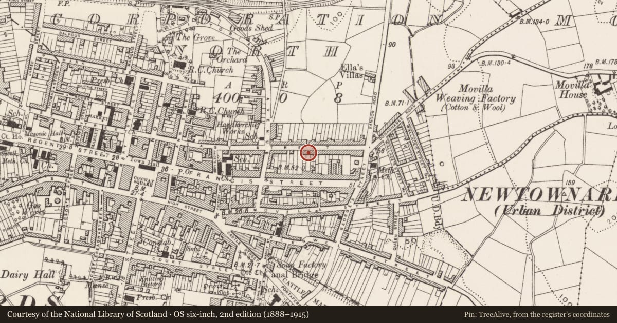 Ordnance Survey six-inch map, 2nd edition (1888–1915) covering the location of Windmill Stump, Newtownards, Ards and North Down, with a pin at the register's coordinates
